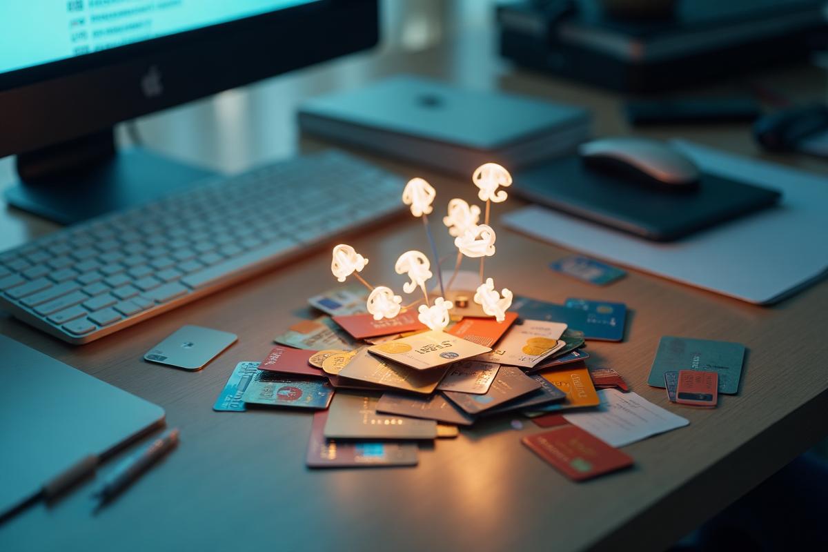 Desk cluttered with subscription cards representing AI tool overload and the need for strategy