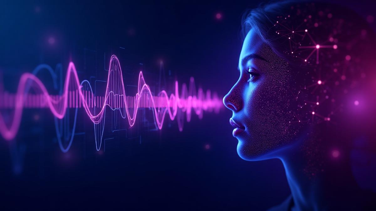 ElevenLabs AI voice synthesis with sound waves and neural network visualization