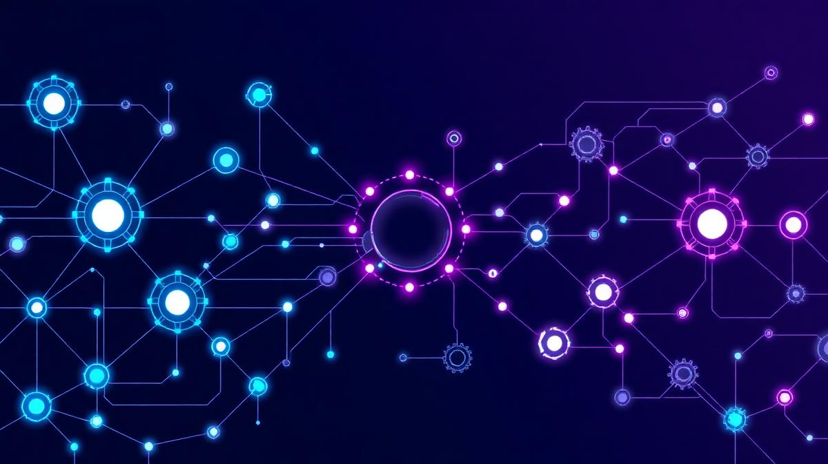 AI-powered workflow automation with interconnected nodes and data flows on a dark background