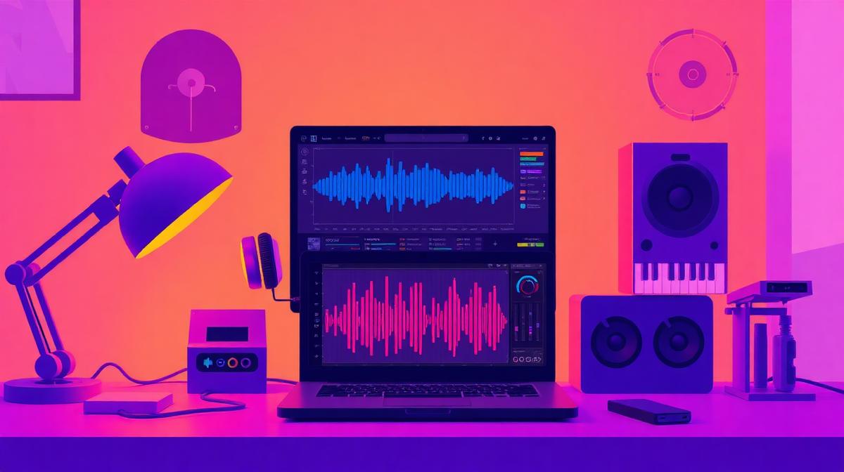 Soundraw AI music generation workflow showing laptop with audio waveforms and creative workspace